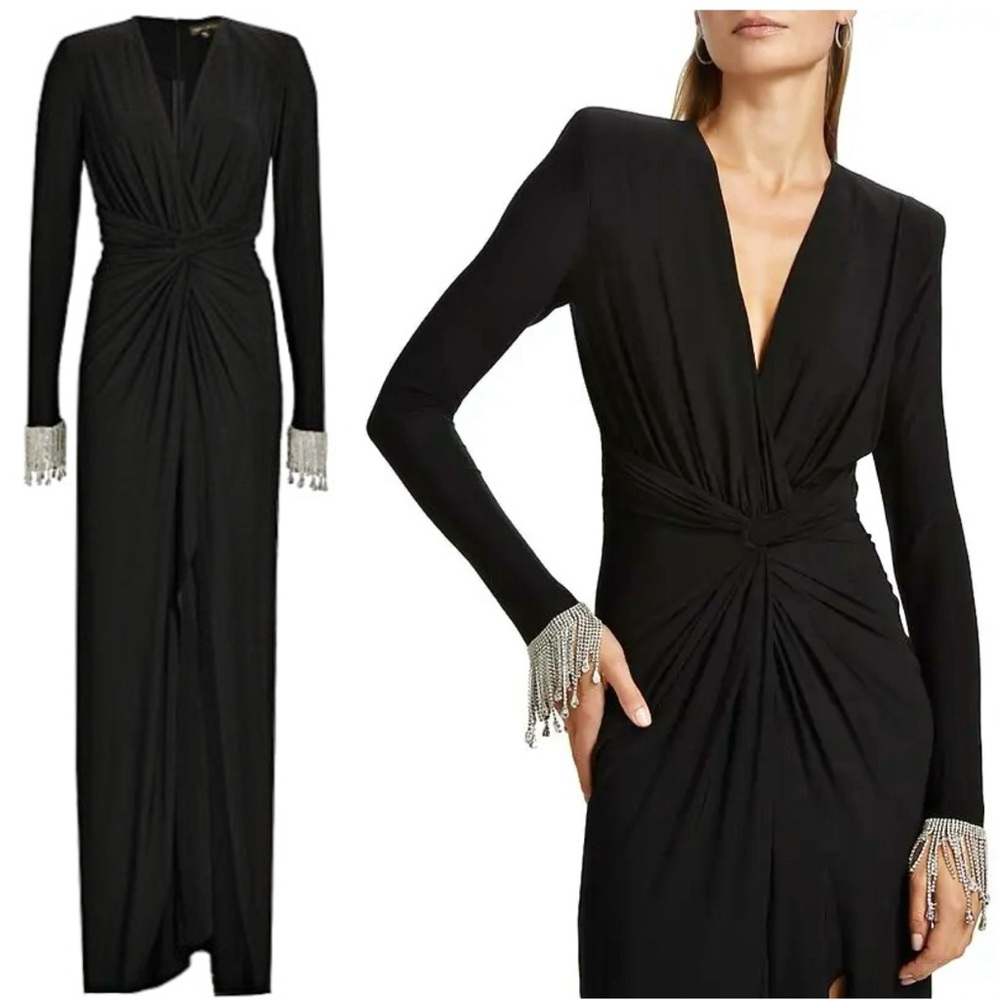 Zuhair Murad Jersey Twist Long Sleeve Embellished Maxi Dress in Black